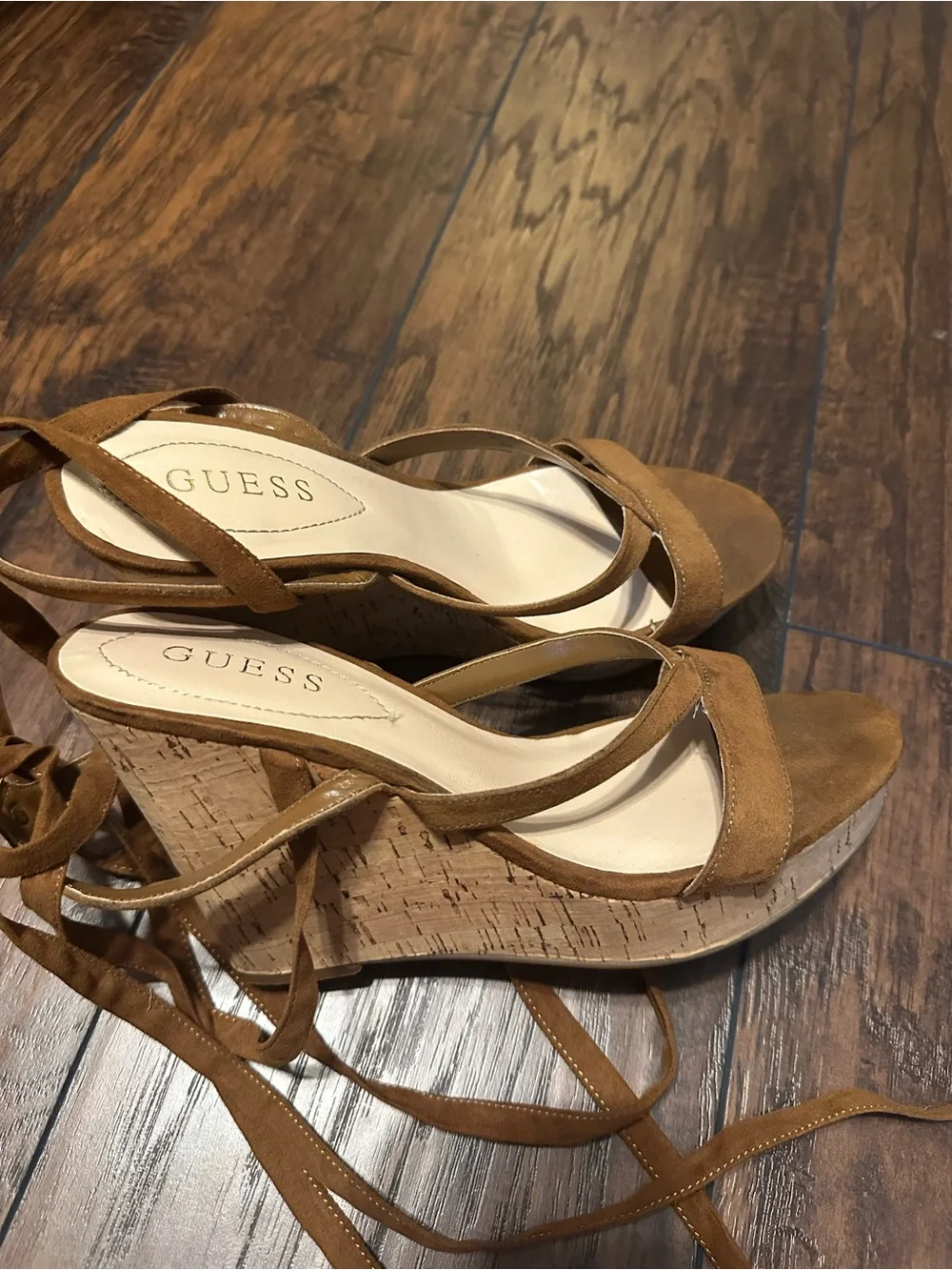 Guess Tan Suede Cork Lace-Up Wedge Sandals